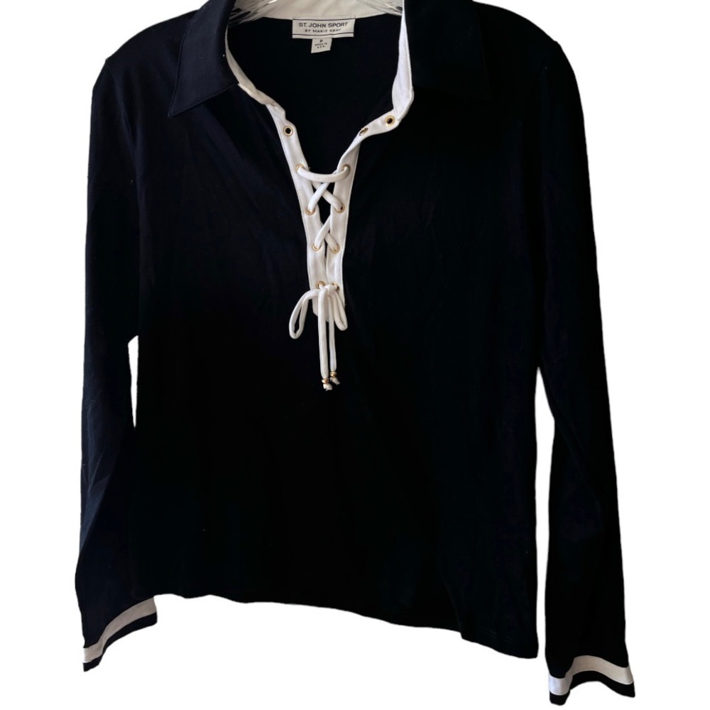 ST. JOHN SPORT Vintage Y2K lace up deep v neck collared long sleeve shirt P S